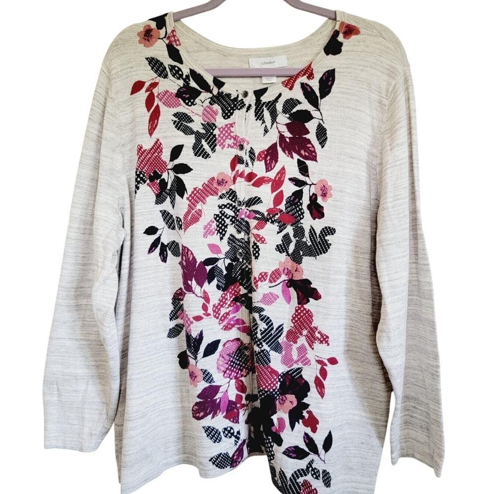 CJ Banks Women's 2X Neutral Cardigan with Burgundy Floral Design NWT‎ $60